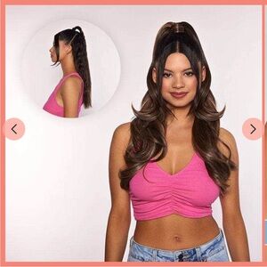 Synthetic half up half down clip in extensions.
